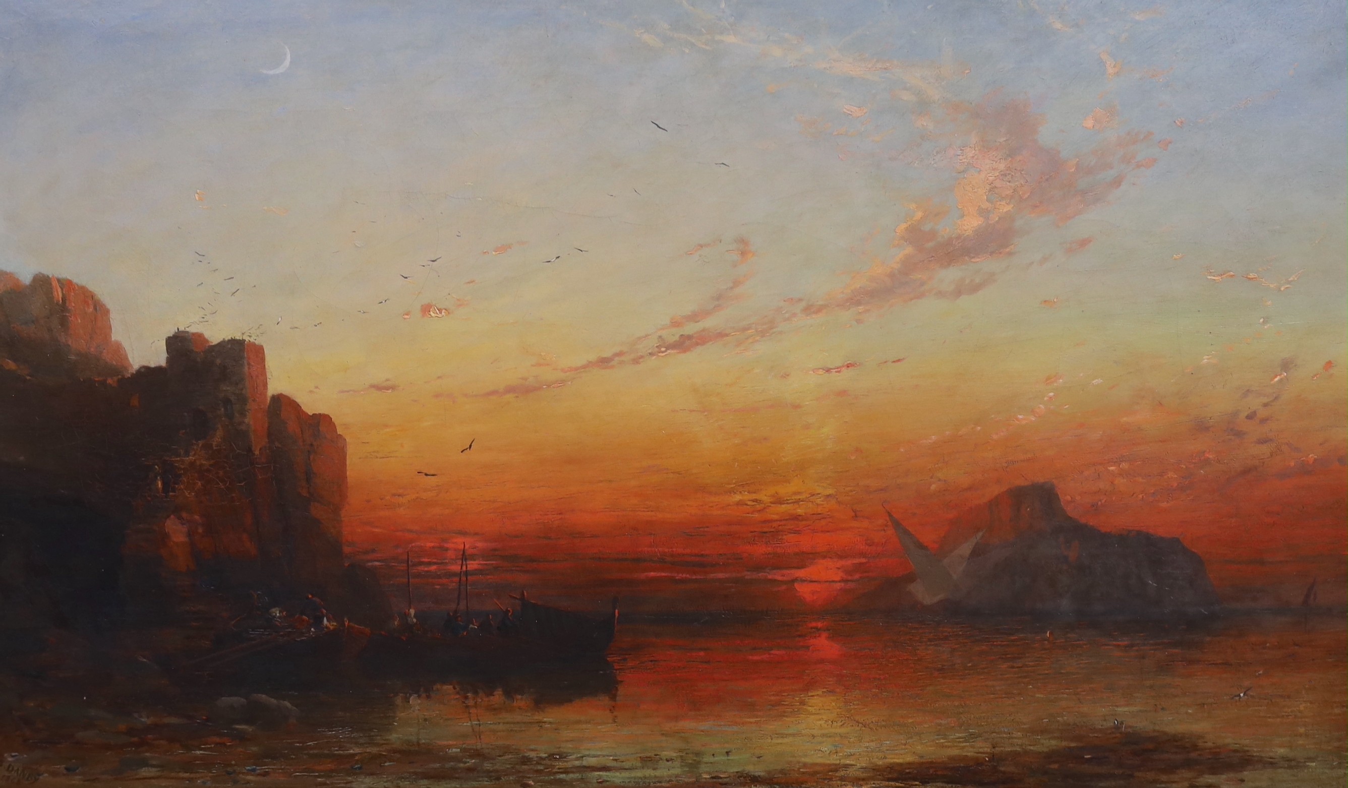 James Francis Danby (British, 1816-1875), Boatmen along the Aegean coast at sunset, oil on canvas, 45 x 75cm